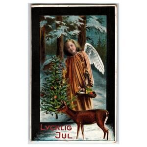 Vintage Lycklig Jul Christmas Angel & Deer Postcard Made in Germany